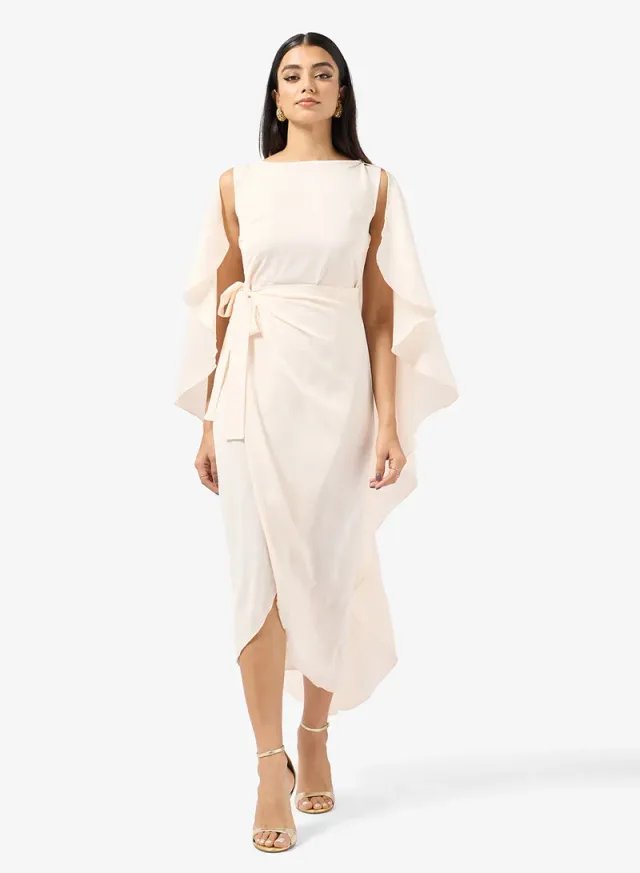 Pale Peach Midi Wrap Dress with Exaggerated Cape – image 4