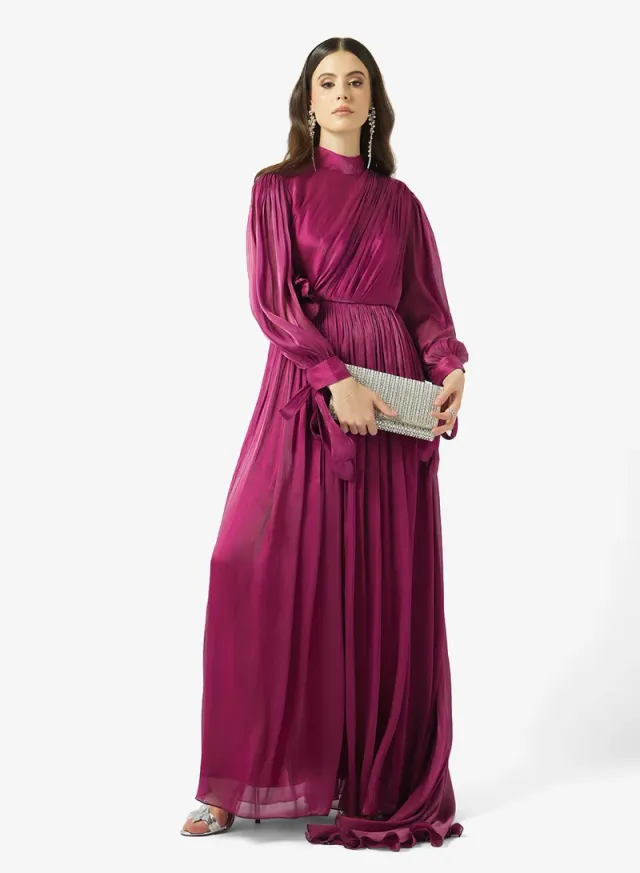 Magenta Maxi Fit & Flare Dress with Puff Sleeves and Trail Hem – image 4
