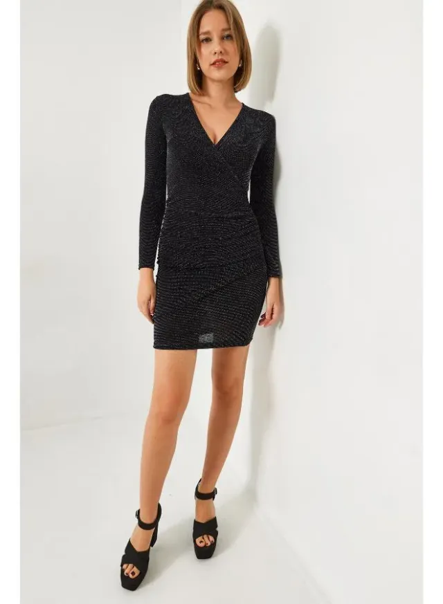 Black Mini Wrap Dress with V Neck and Long Sleeves – image 6