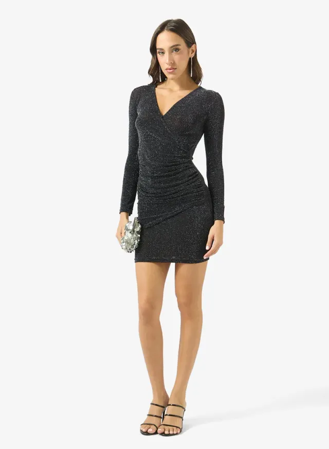 Black Mini Wrap Dress with V Neck and Long Sleeves – image 4