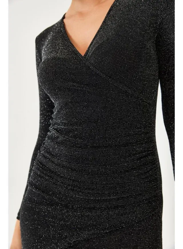Black Mini Wrap Dress with V Neck and Long Sleeves – image 5