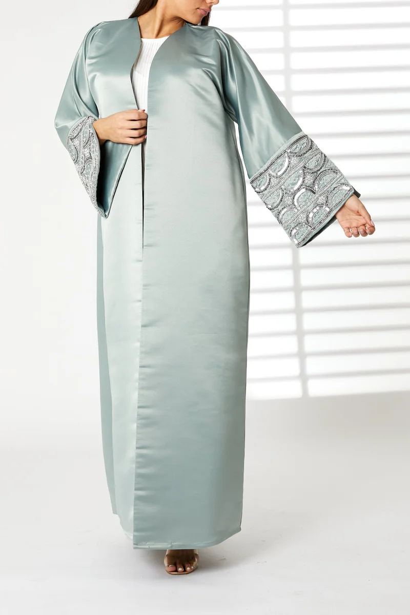 V-Neck Bridal Satin Abaya Split Cuffs