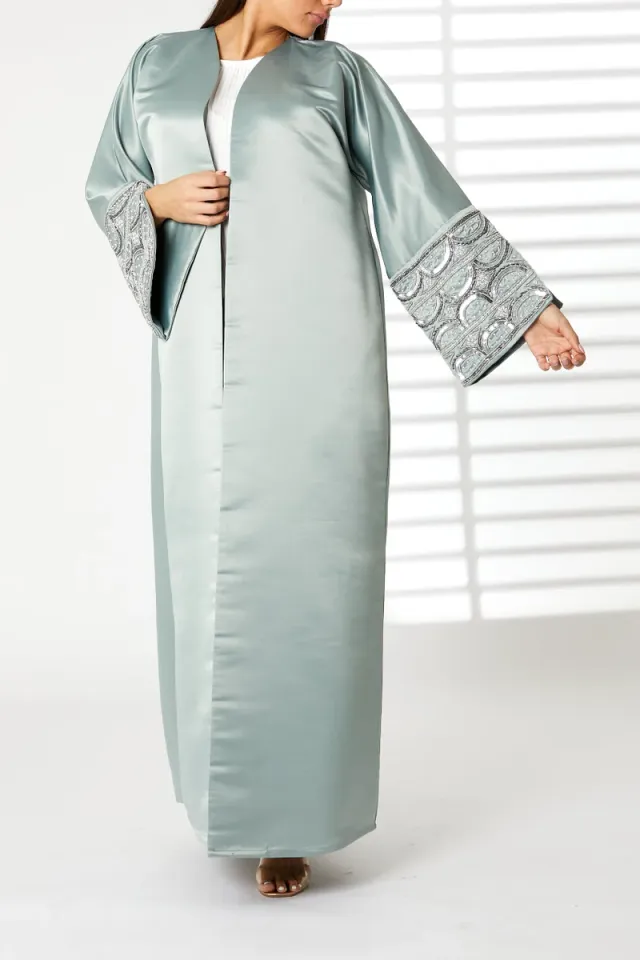 V-Neck Bridal Satin Abaya Split Cuffs