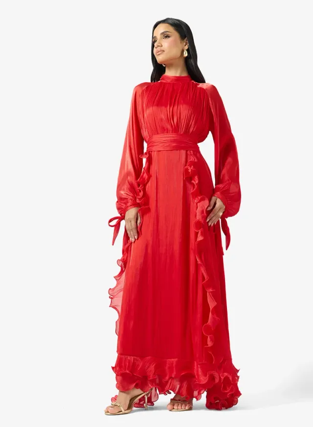 Red Maxi Dress with High Neck, Long Sleeves, and Gathered Frill Detail