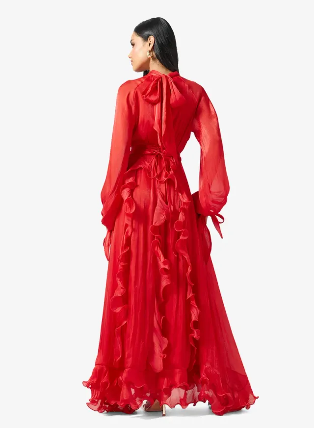 Red Maxi Dress with High Neck, Long Sleeves, and Gathered Frill Detail – image 2