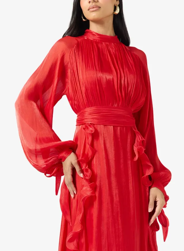 Red Maxi Dress with High Neck, Long Sleeves, and Gathered Frill Detail – image 3