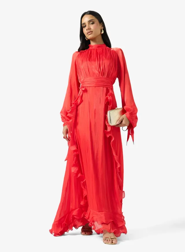 Red Maxi Dress with High Neck, Long Sleeves, and Gathered Frill Detail – image 4