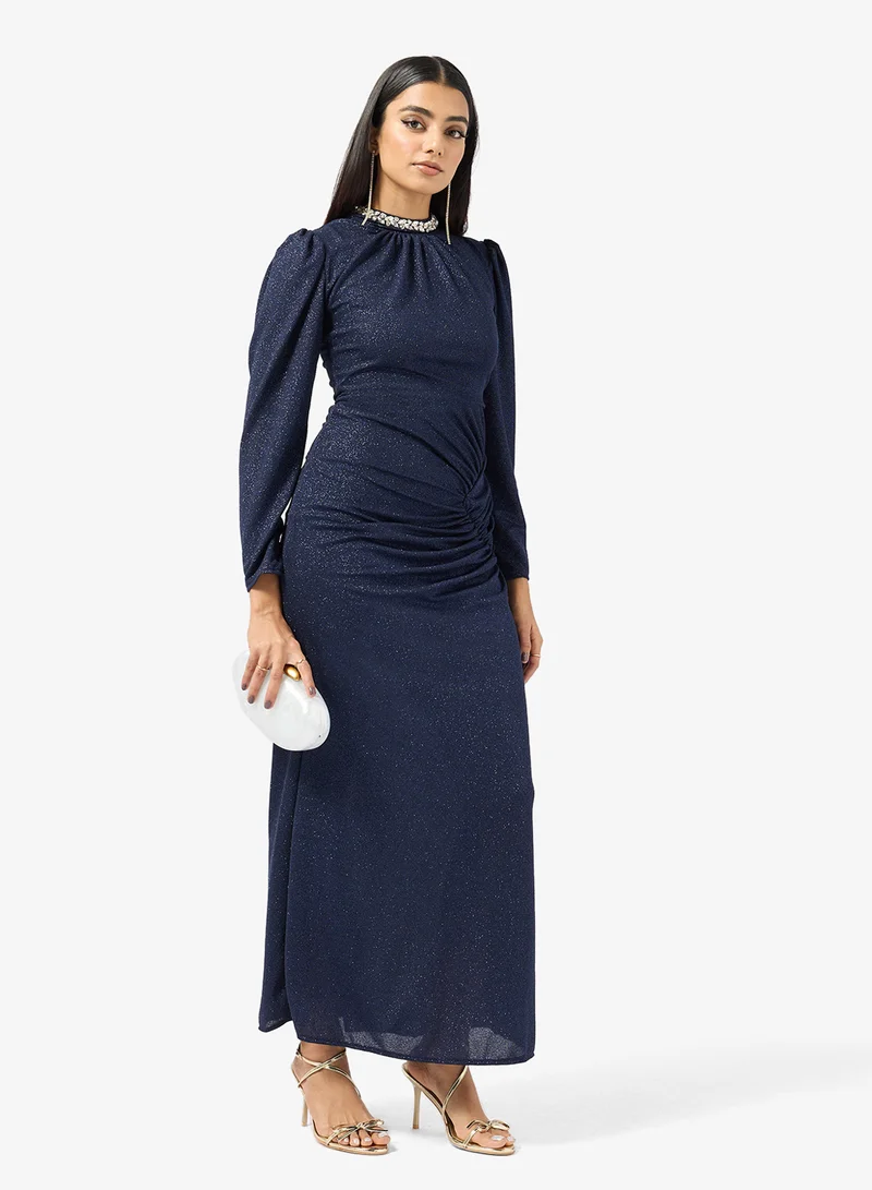 Embellished Neck Ruched Dress