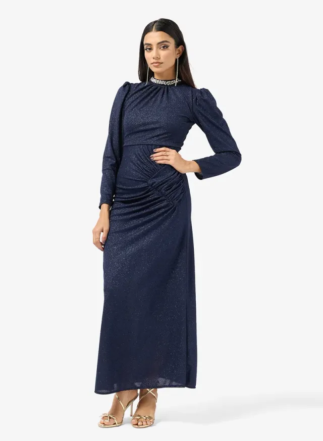 Navy Blue Maxi Dress with High Neck, Long Sleeves, Embellished Neck, and Ruched Detail – image 4