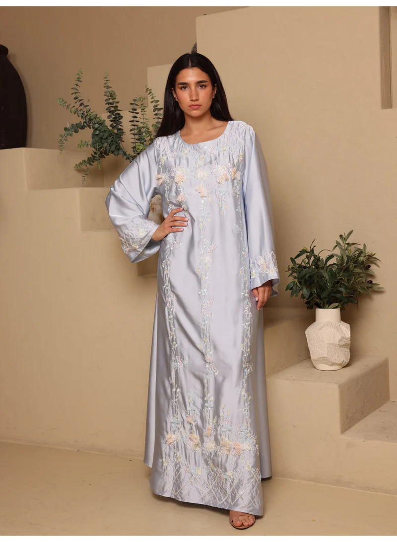 Silk Blossom Embroidered Jalabiya Blue