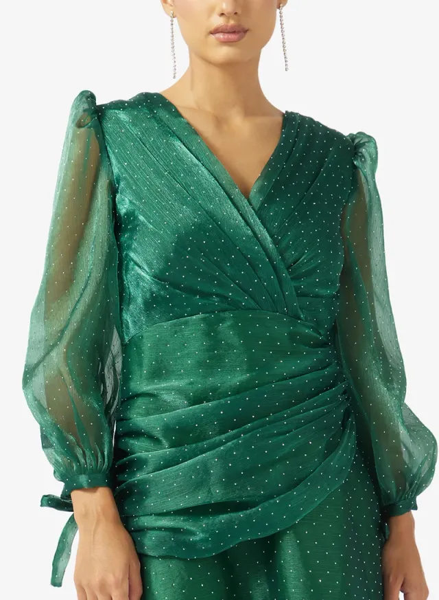 Emerald Green Maxi Wrap Dress with Long Sleeves and Shimmer Detail – image 4