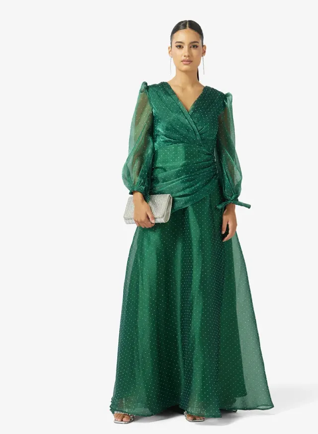 Emerald Green Maxi Wrap Dress with Long Sleeves and Shimmer Detail – image 5