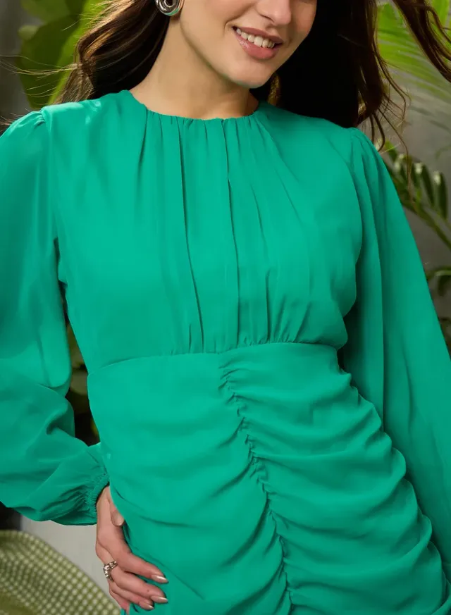Balloon Sleeve Ruched Midi Dress – image 4