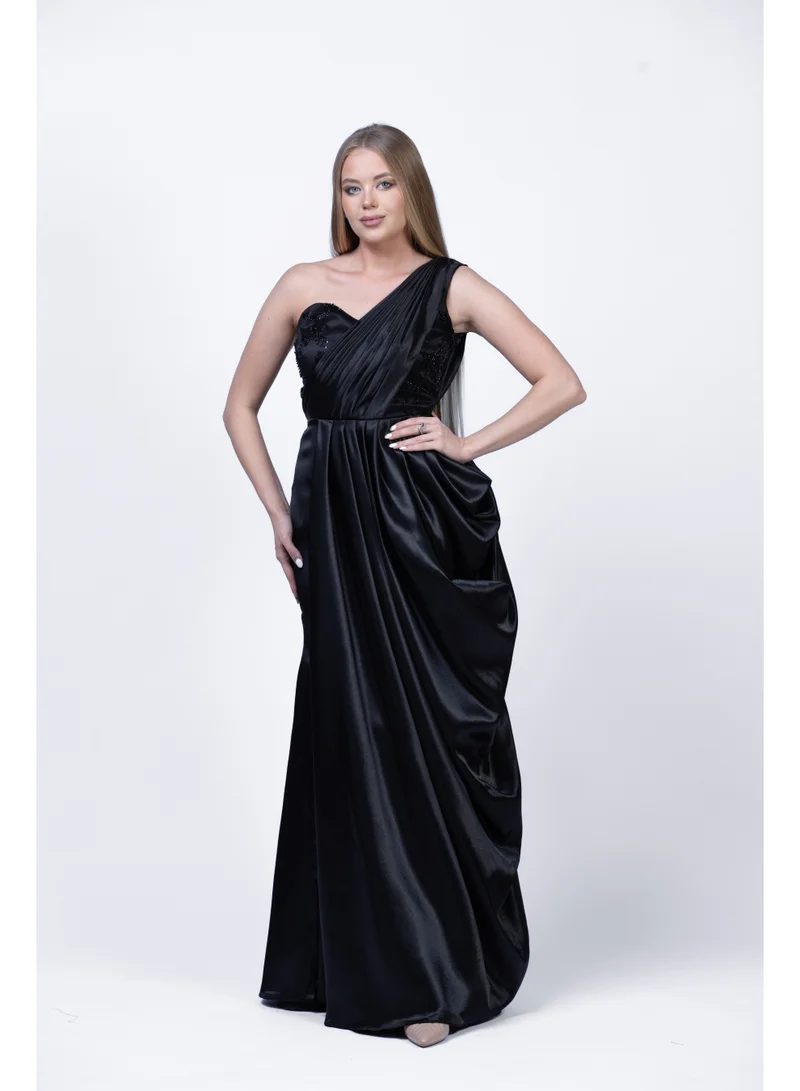 Silk One-Shoulder Draped Evening Gown