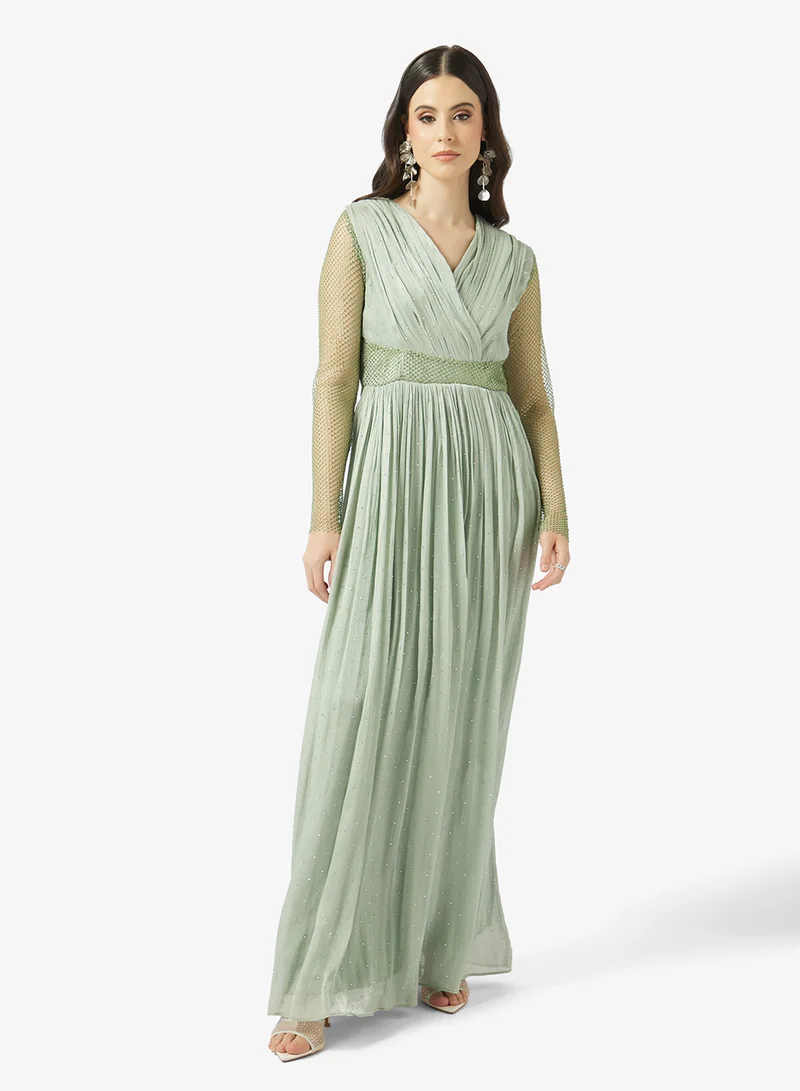 Draped Evening Dress with Shimmer Net Sleeves