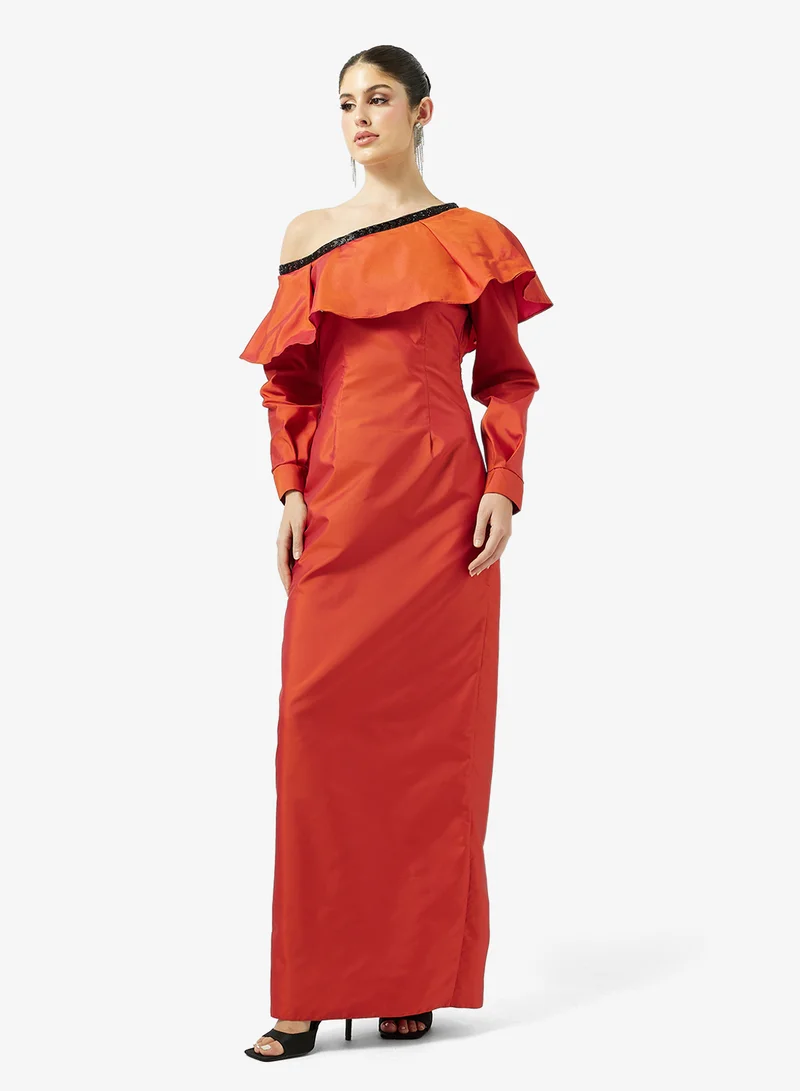 One Shoulder Ruffle Evening Dress