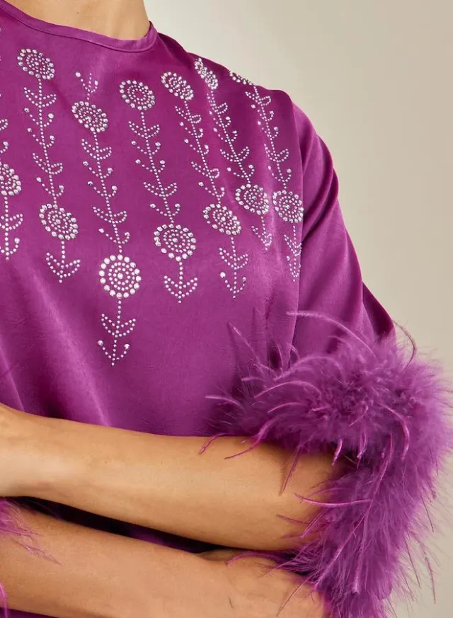Women's Purple Embellished Jalabiya with Faux Feather Trim – image 4