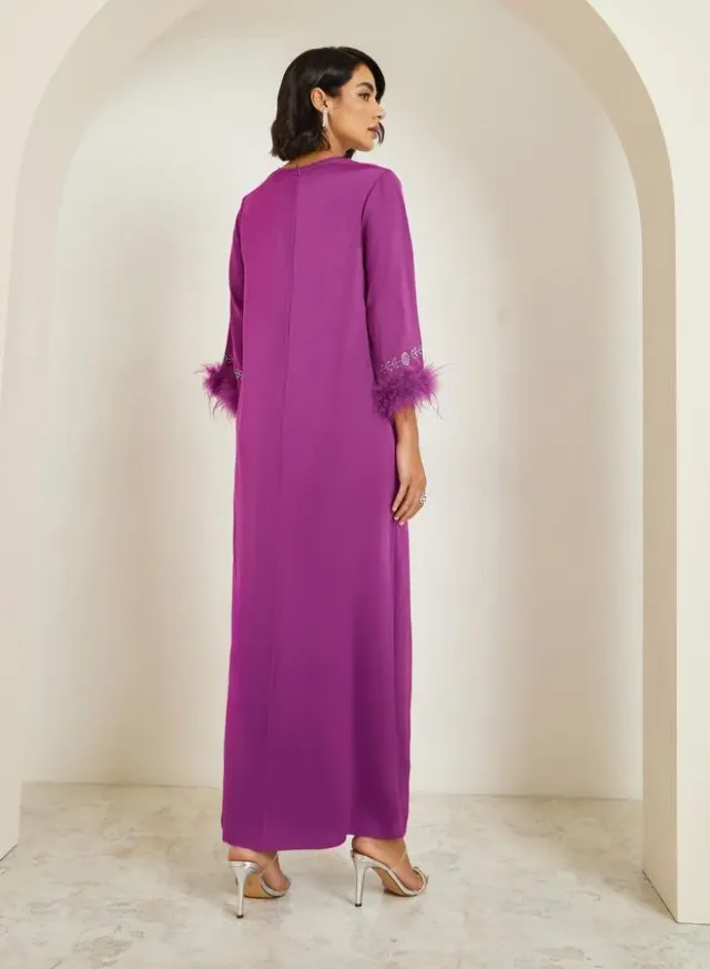 Women's Purple Embellished Jalabiya with Faux Feather Trim – image 5