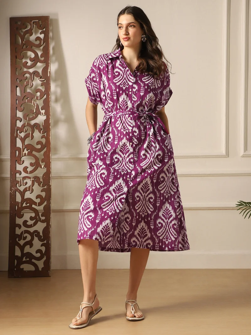 Women's Ethnic Print Belted Shirt Style Midi Dress Green