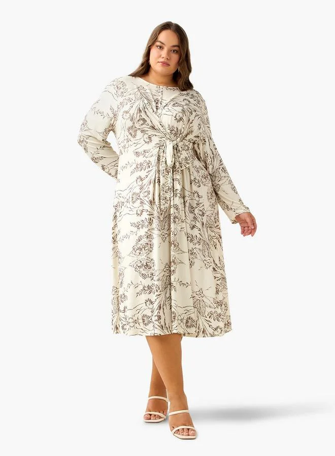 Ulla Popken A-line Floral Print Knot Detail Midi Dress