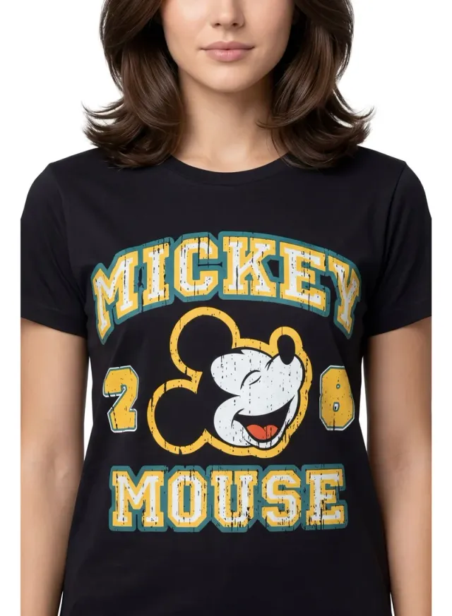 تي شيرت نسائي Mickey بطبعة Varsity أسود – صورة 4