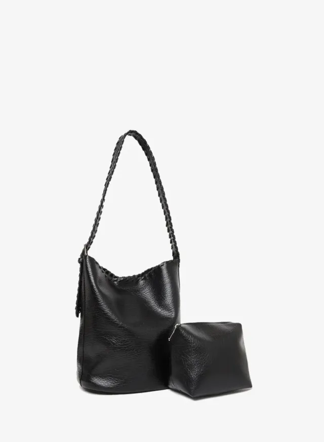 Braided Strap Shoulder Bag with Pouch Black