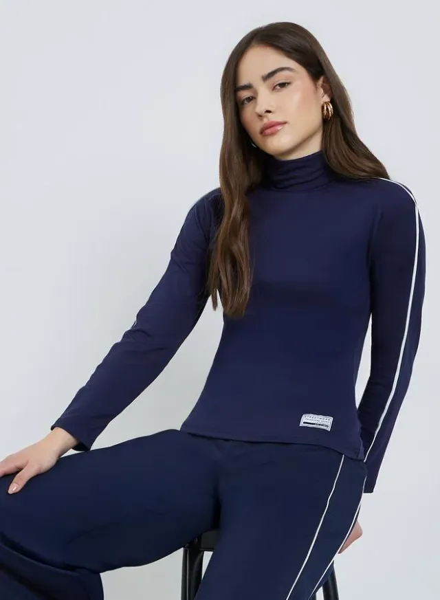 Navy Blue Fitted Turtle Neck Top with Raglan Sleeves – image 5