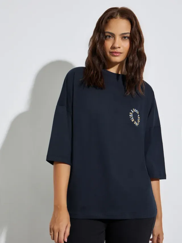 Oversized Slogan Print Cotton T-Shirt Purple – image 5