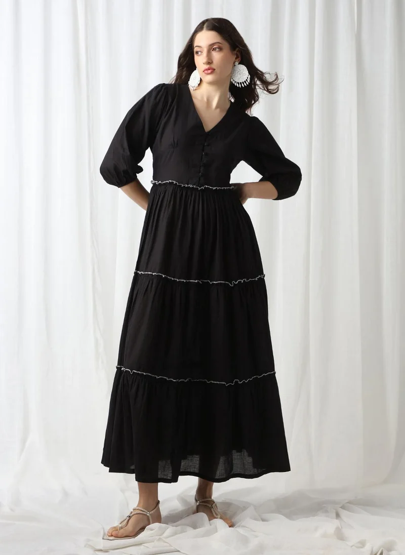 Women's V-Neck Puff Sleeve Smocked Tiered Fit & Flare Maxi Dress Black