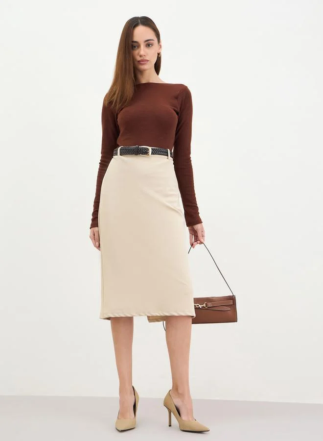Pencil Midi Skirt Back Slit Beige