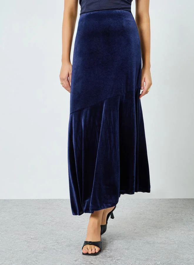 Velvet Look Asymmetric Midi Skirt Dark Blue