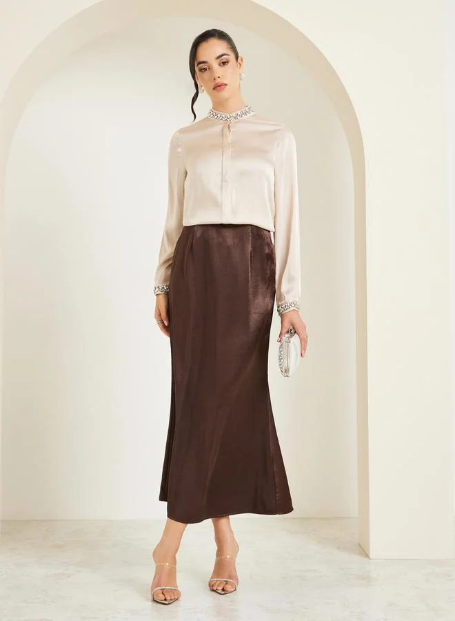 Satin A-Line Maxi Skirt Brown