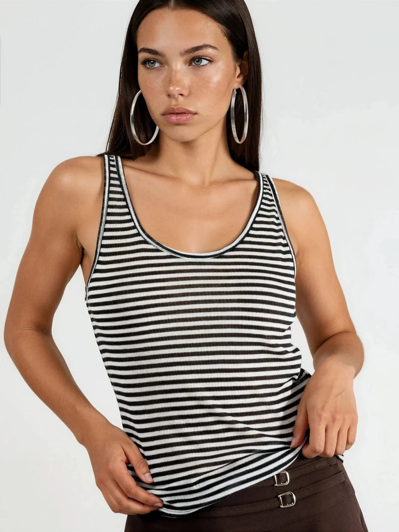 Striped Ribbed U Collar Camisole
