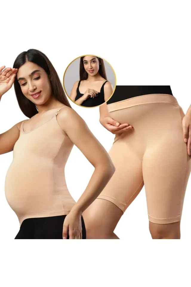 Maternity Nursing Vest and High Waist Shorts Combo - Beige