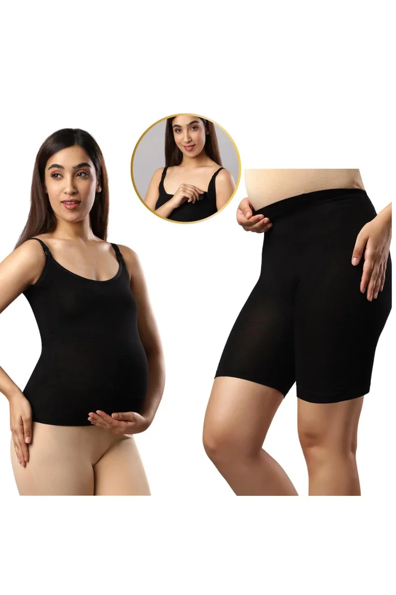 Maternity Nursing Vest & High Waist Shorts Black