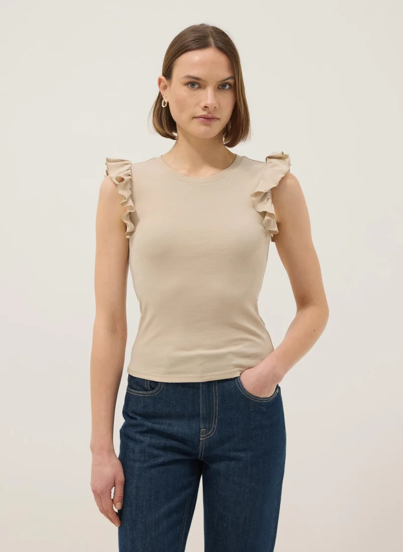 OVS Slim Fit Cotton Ruffle T-Shirt Beige