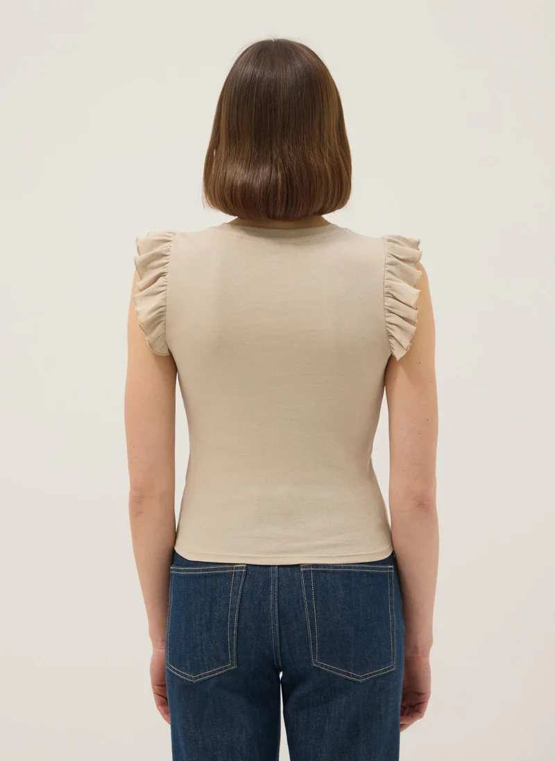OVS Slim Fit Cotton Ruffle T-Shirt Beige