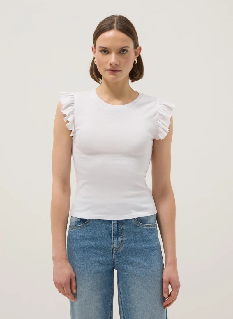 OVS Cotton Slim Fit Ruffle T-Shirt White