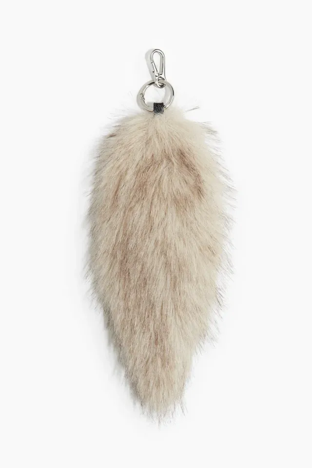 Large Beige Fluffy Fur Bag Charm with Metal Carabiner Hook