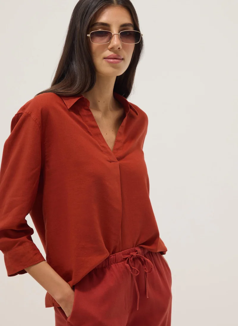 OVS Linen Viscose Regular-Fit V-Neck Shirt Red