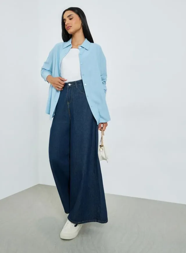 Styli Oversized Linen Blend Shirt Blue – image 2
