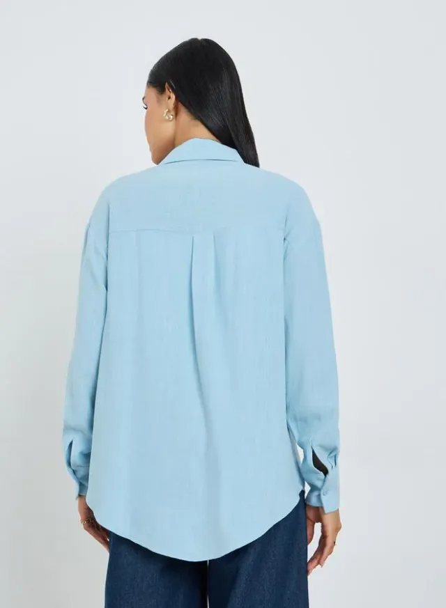 Styli Oversized Linen Blend Shirt Blue – image 5