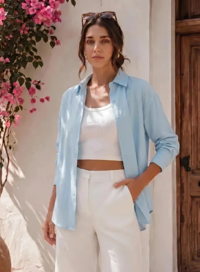 Styli Oversized Linen Blend Shirt Blue – image 6
