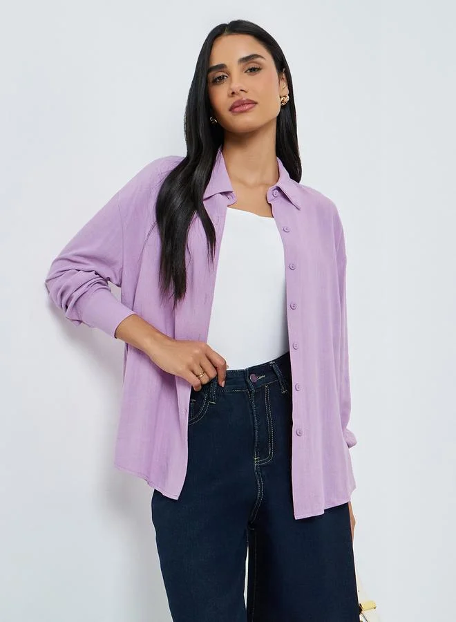 Styli Oversized Linen Blend Shirt Blue