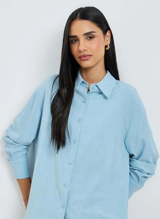 Styli Oversized Linen Blend Shirt Blue