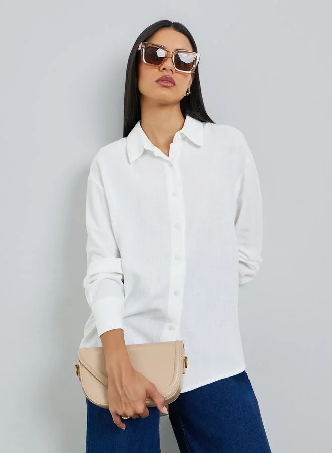 Styli Oversized Linen Blend Shirt Blue