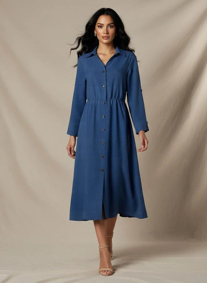 Midi Linen Shirt Dress with 3/4 Sleeves