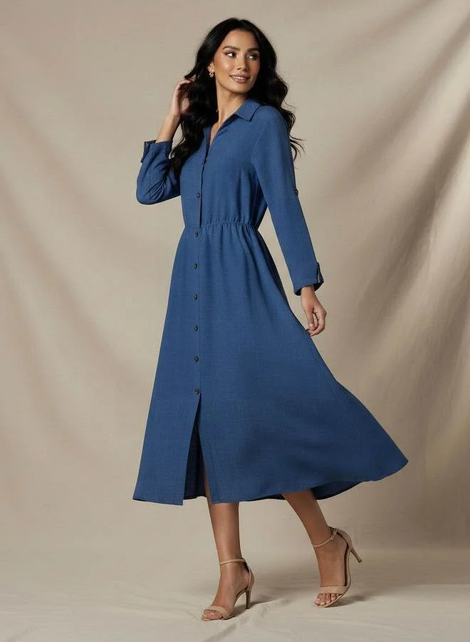 Midi Linen Shirt Dress with 3/4 Sleeves