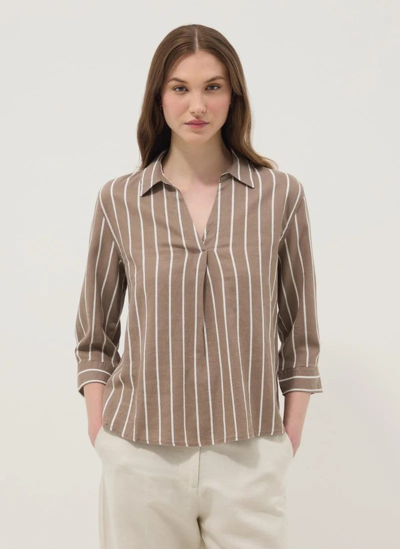 OVS Linen-Viscose Blend Striped Shirt Brown