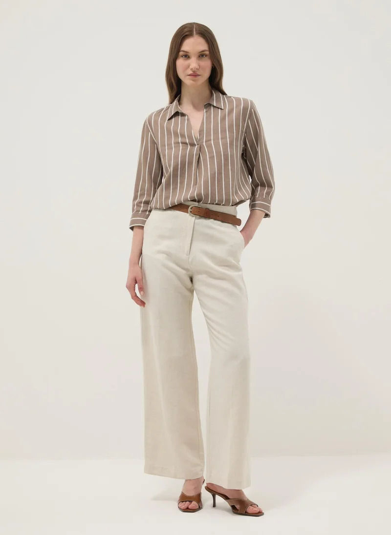 OVS Linen-Viscose Blend Striped Shirt Brown